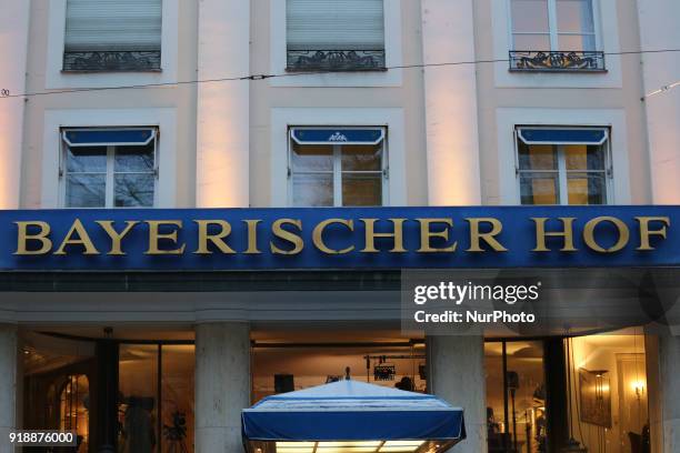 The facade of the hotel Bayerischer Hof. The MSC is held in that hotel, in Munich, Germany, on February 15, 2018. Today the first panel of the Munich...