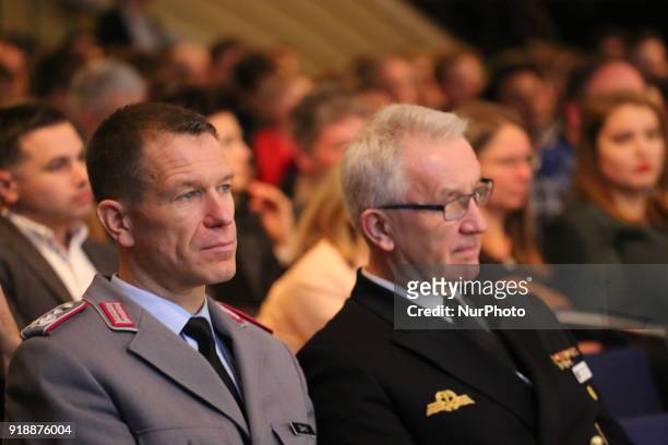 Two soldiers are listening to the panel, in Munich, Germany, on February 15, 2018. Today the first panel of the Munich Security Conference was held....