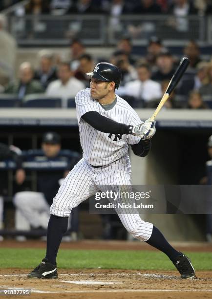 Johnny Damon of the New York Yankees at bat against the Minnesota Twins in Game One of the ALDS during the 2009 MLB Playoffs at Yankee Stadium on...