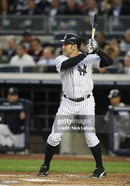 Johnny Damon of the New York Yankees at bat against the Minnesota Twins in Game One of the ALDS during the 2009 MLB Playoffs at Yankee Stadium on...