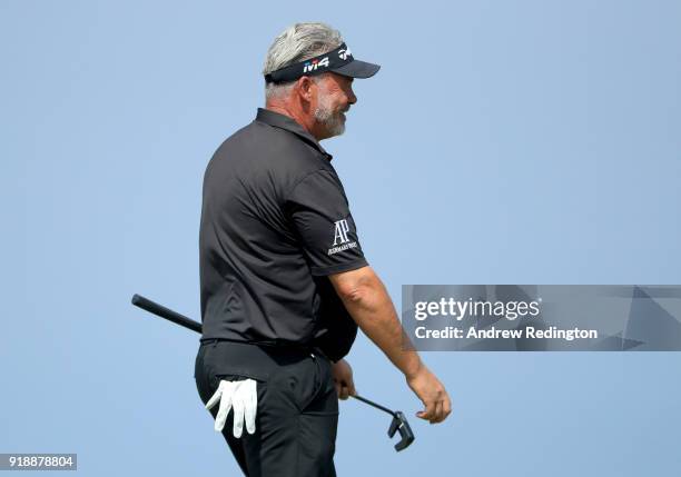 Darren Clarke of Northern Ireland on the par four 9th hole during the second round of the NBO Oman Open at Al Mouj Golf on February 16, 2018 in...