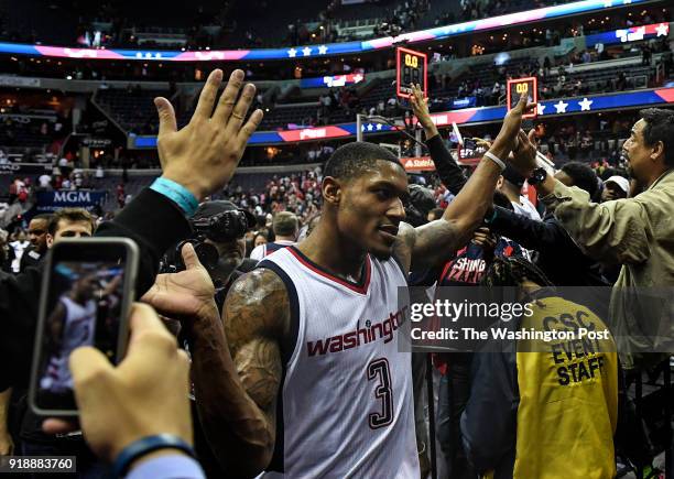 Washington Wizards guard Bradley Beal leaves the court after winning Game Five of the NBA Playoffs First Round at the Verizon Center on Wednesday,...