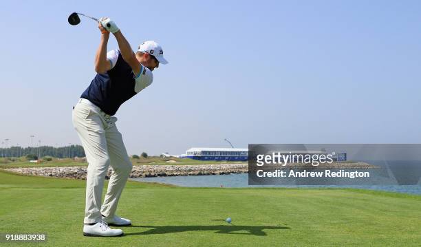 Matthew Southgate of England tees off on the par for 18th hole during the second round of the NBO Oman Open at Al Mouj Golf on February 16, 2018 in...