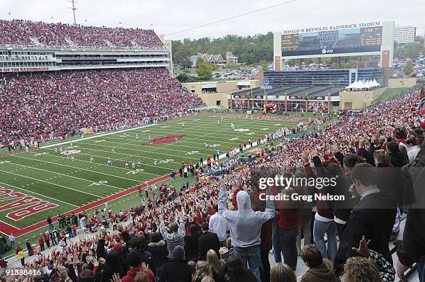 Overall view of Arkansas fans in stands during kickoff of game vs Auburn at Donald W Reynolds Razorback Stadium. Fayetteville, AR CREDIT: Greg Nelson