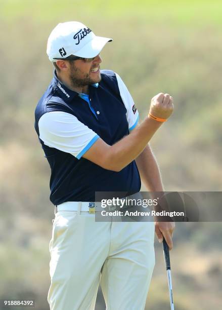 Matthew Southgate of England saves par on the par four 17th hole during the second round of the NBO Oman Open at Al Mouj Golf on February 16, 2018 in...