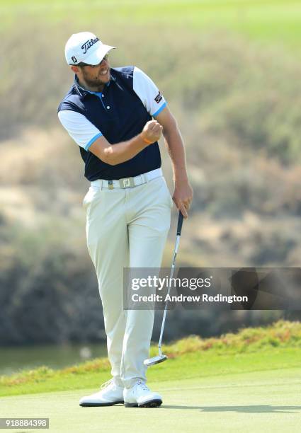 Matthew Southgate of England saves par on the par four 17th hole during the second round of the NBO Oman Open at Al Mouj Golf on February 16, 2018 in...