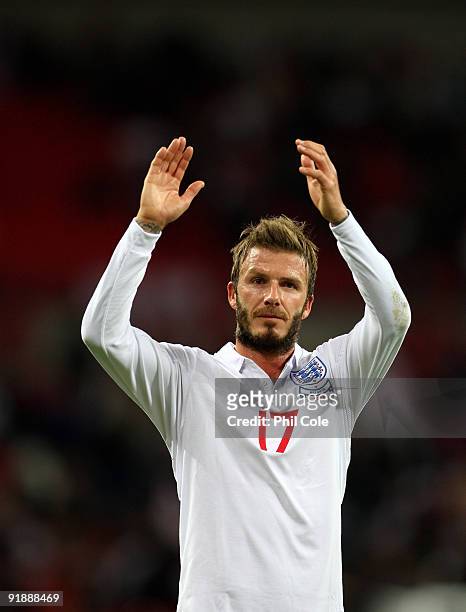 David Beckham of England reacts at the end of the FIFA 2010 World Cup Qualifying Group 6 match between England and Belarus at Wembley Stadium on...