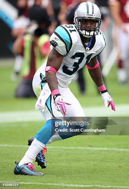 Richard Marshall of the Carolina Panthers defends against the Washington Redskins at Bank of America Stadium on October 11, 2009 in Charlotte, North...