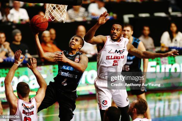 Edgar Sosa of the Breakers goes to the basket against Delvon Johnson of the Hawks during the round 19 NBL match between the New Zealand Breakers and...