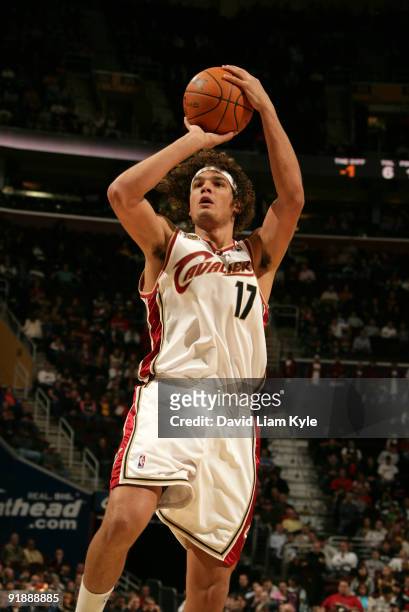 Anderson Varejao of the Cleveland Cavaliers shoots shoots the jumper against the Washington Wizards at The Quicken Loans Arena on October 14, 2009 in...