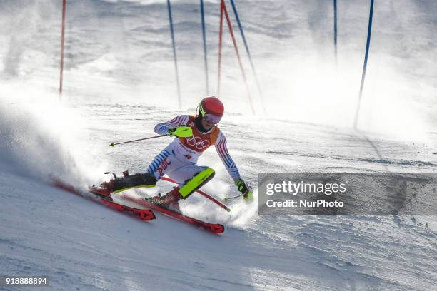 Mikaela Shiffrin of United States competing in womens final in slalom at Yongpyong Alpine Centre, Pyeongchang , South Korea on February 16, 2018.