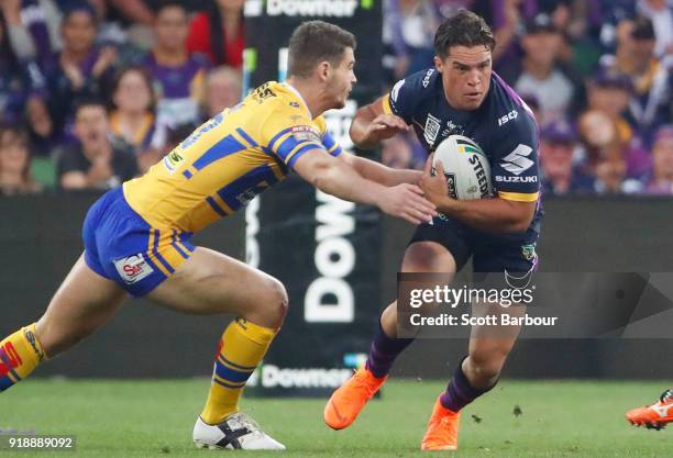 Brodie Croft of the Storm is tackled during the World Club Challenge match between the Melbourne Storm and the Leeds Rhinos at AAMI Park on February...