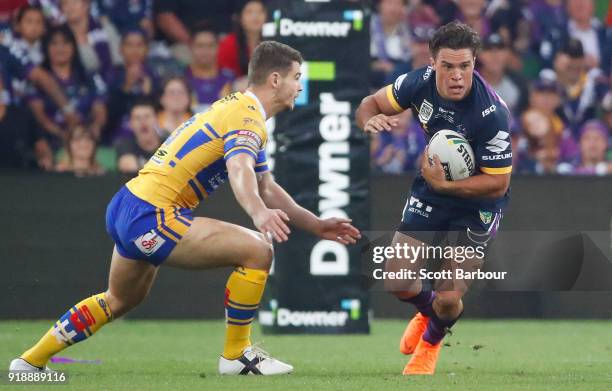 Brodie Croft of the Storm is tackled during the World Club Challenge match between the Melbourne Storm and the Leeds Rhinos at AAMI Park on February...