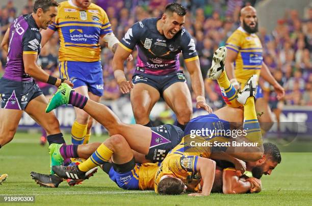 Jesse Bromwich of the Storm scores a try during the World Club Challenge match between the Melbourne Storm and the Leeds Rhinos at AAMI Park on...