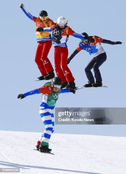 Michela Moioli of Italy races down the slope en route to winning the women's snowboard cross at the Pyeongchang Winter Olympics in South Korea on...