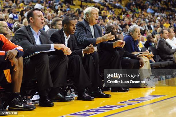 Assistant coach Russell Turner, assistant coach Stephen Silas, head coach Don Nelson and assistant coach Keith Smart of the Golden State Warriors...