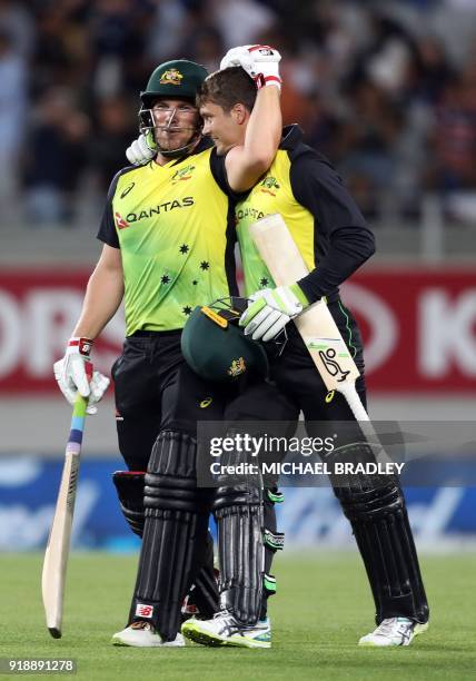 Australia's Aaron Finch and Alex Carey celebrate the win during the Twenty20 Tri Series international cricket match between New Zealand and Australia...