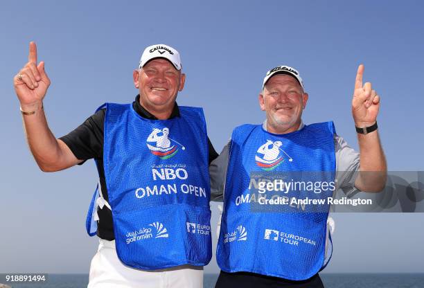 Twin brothers and caddies Guy and Gary Tilston who's golfers Marcel Siem of Germany and Matthew Southgate of England both had a hole-in-one during...