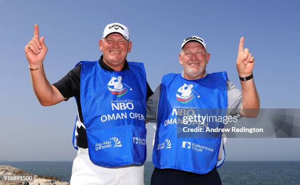 Twin brothers and caddies Guy and Gary Tilston who's golfers Marcel Siem of Germany and Matthew Southgate of England both had a hole-in-one during...