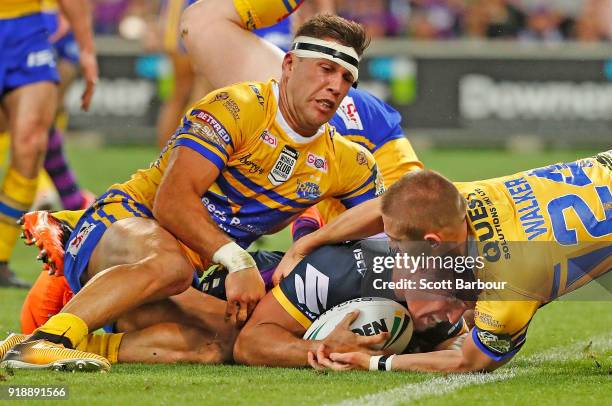 Brodie Croft of the Storm scores a try during the World Club Challenge match between the Melbourne Storm and the Leeds Rhinos at AAMI Park on...