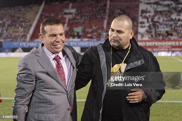 Paraguayan former goalkeeper Jose Luis Chilavert receives the 'Arsenio Erico' gold medal from Juan Angel Napout , president of Paraguayan Federation...