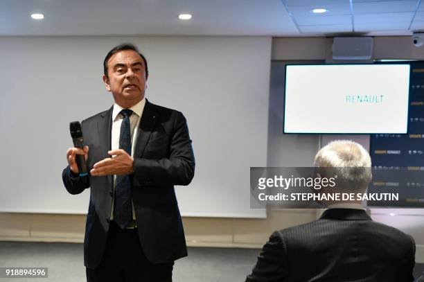 French multinational automobile manufacturer Renault chairman and CEO, Carlos Ghosn speaks during a press conference presenting the group's 2017 full...