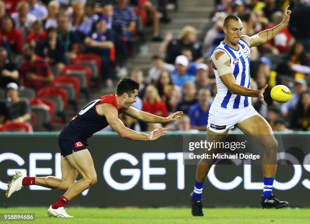 Braydon Preuss of the Kangaroos kicks the ball for a goal during the AFLX match between North Melbourne and Melbourne Demons at Etihad Stadium on...