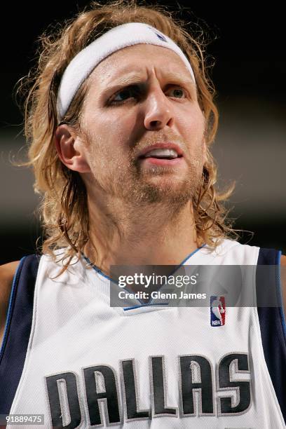 Dirk Nowitzki of the Dallas Mavericks looks up court during the preseason game against the Memphis Grizzlies on October 11, 2009 at American Airlines...