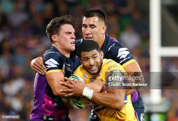 Kallum Watkins of Leeds Rhinos is tackled during the World Club Challenge match between the Melbourne Storm and the Leeds Rhinos at AAMI Park on...