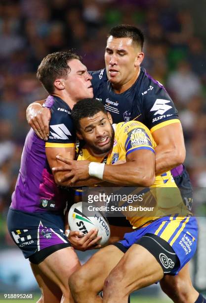 Kallum Watkins of Leeds Rhinos is tackled during the World Club Challenge match between the Melbourne Storm and the Leeds Rhinos at AAMI Park on...