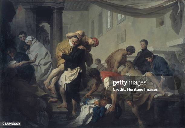 Saint Camillus de Lellis saves the sick of the Ospedale di Santo Spirito in Sassia during the flooding of the Tiber 1746. Found in the collection of...