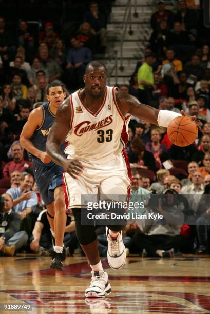 Shaquille O'Neal of the Cleveland Cavaliers brings the ball up the court after a steal from the Washington Wizards at The Quicken Loans Arena on...