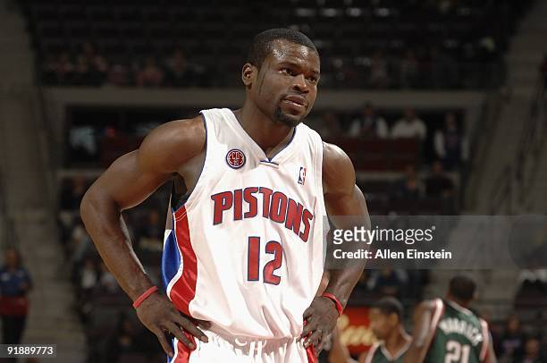 Will Bynum of the Detroit Pistons stands on the court during the preseason game against the Milwaukee Bucks at the Palace of Auburn Hills on October...