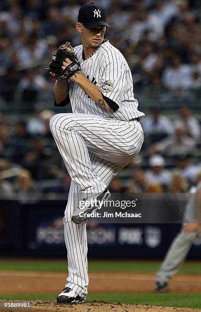 Burnett of the New York Yankees pitches against the Minnesota Twins in Game Two of the ALDS during the 2009 MLB Playoffs at Yankee Stadium on October...