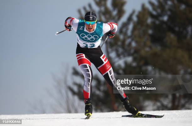 Max Hauke of Austria competes during the Cross-Country Skiing Men's 15km Free at Alpensia Cross-Country Centre on February 16, 2018 in...