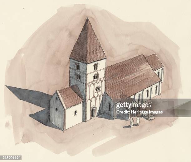 St Peter's Church, Barton-upon-Humber, Lincolnshire. Aerial view reconstruction drawing of the church in the Norman period. Artist Liam Wales.