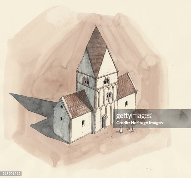 St Peter's Church, Barton-upon-Humber, Lincolnshire. Aerial view reconstruction drawing of the church in the Anglo-Saxon period. Artist Liam Wales.
