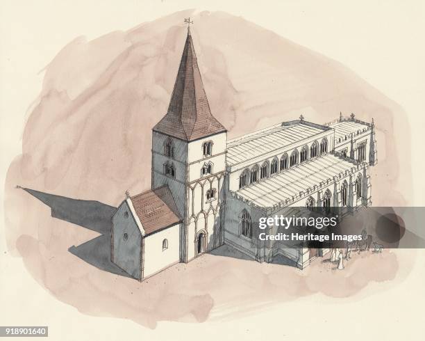 St Peter's Church, Barton-upon-Humber, Lincolnshire. Aerial view reconstruction drawing of the church in the 15th century. Artist Liam Wales.