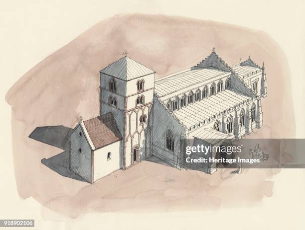 St Peter's Church, Barton-upon-Humber, Lincolnshire. Aerial view reconstruction drawing of the church in the late 18th century. Artist Liam Wales.