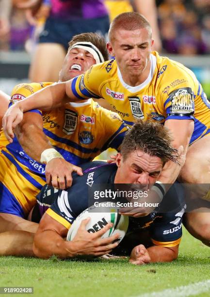 Brodie Croft of the Storm scores a try during the World Club Challenge match between the Melbourne Storm and the Leeds Rhinos at AAMI Park on...