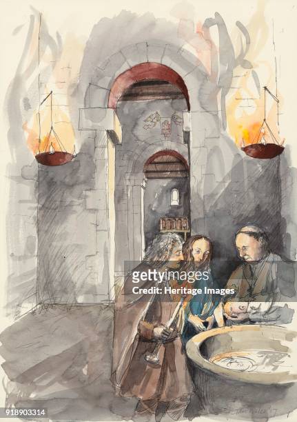 St Peter's Church, Barton-upon-Humber, Lincolnshire. Reconstruction drawing showing a baptism in the church in Anglo-Saxon times. Artist Liam Wales.