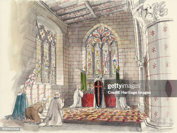 St Peter's Church, Barton-upon-Humber, Lincolnshire. Reconstruction drawing of the interior of the church in the 15th century showing a priest at the...