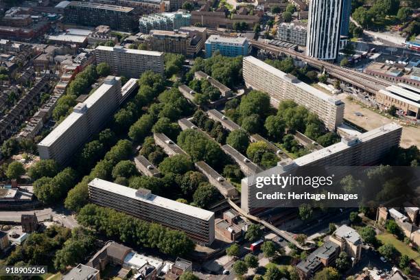 Heygate Estate, Heygate Street, Elephant and Castle, London, 2012. Designed by Tim Tinker in a neo-brutalist style, the estate was completed in 1974....