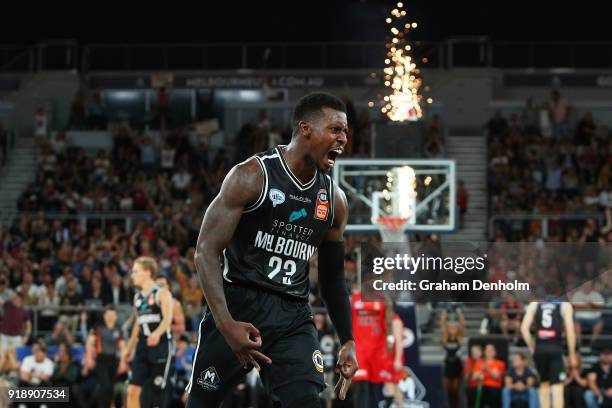 Casey Prather of Melbourne United celebrates a three pointer during the round 19 NBL match between Melbourne United and the Perth Wildcats at Hisense...