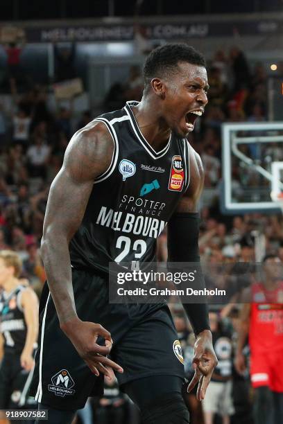 Casey Prather of Melbourne United celebrates a three pointer during the round 19 NBL match between Melbourne United and the Perth Wildcats at Hisense...