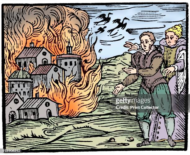Witches destroying a house by fire Woodcut from Francesco Maria Guazzo Compendium Maleficarum, Milan, 1608. . Artist Unknown.