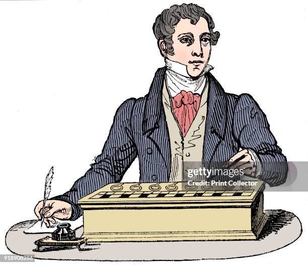Clerk using an adding machine of the type developed by Blaise Pascal , 1835. . Artist Unknown.