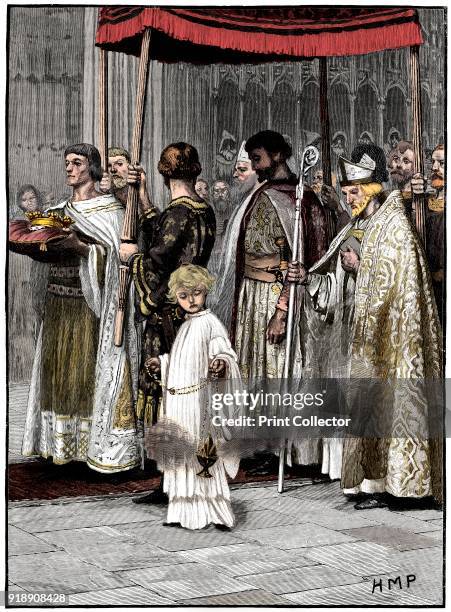 Coronation of Richard I in Westminster Abbey 1189, . Richard the Lionheart processing down the aisle. Eldest son of Henry II and Eleanor of...
