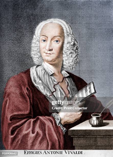 Antonio Vivaldi, Italian Baroque composer, Catholic priest, and virtuoso violinist, 1725. A print from Les Musiciens Celebres, Lucien Mazenod, Paris,...