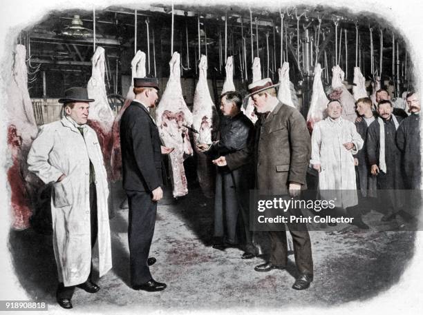 Inspecting meat at Smithfield Market, City of London, c1903 . Smithfield market was established by the 1860 Metropolitan Meat and Poultry Market Act,...